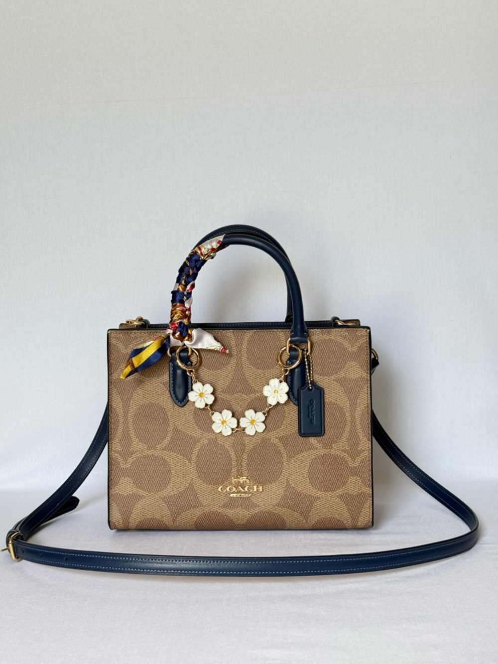 Coach Maggie Small Tote 
Signature Canvas Tan/deep blue Gold hardware